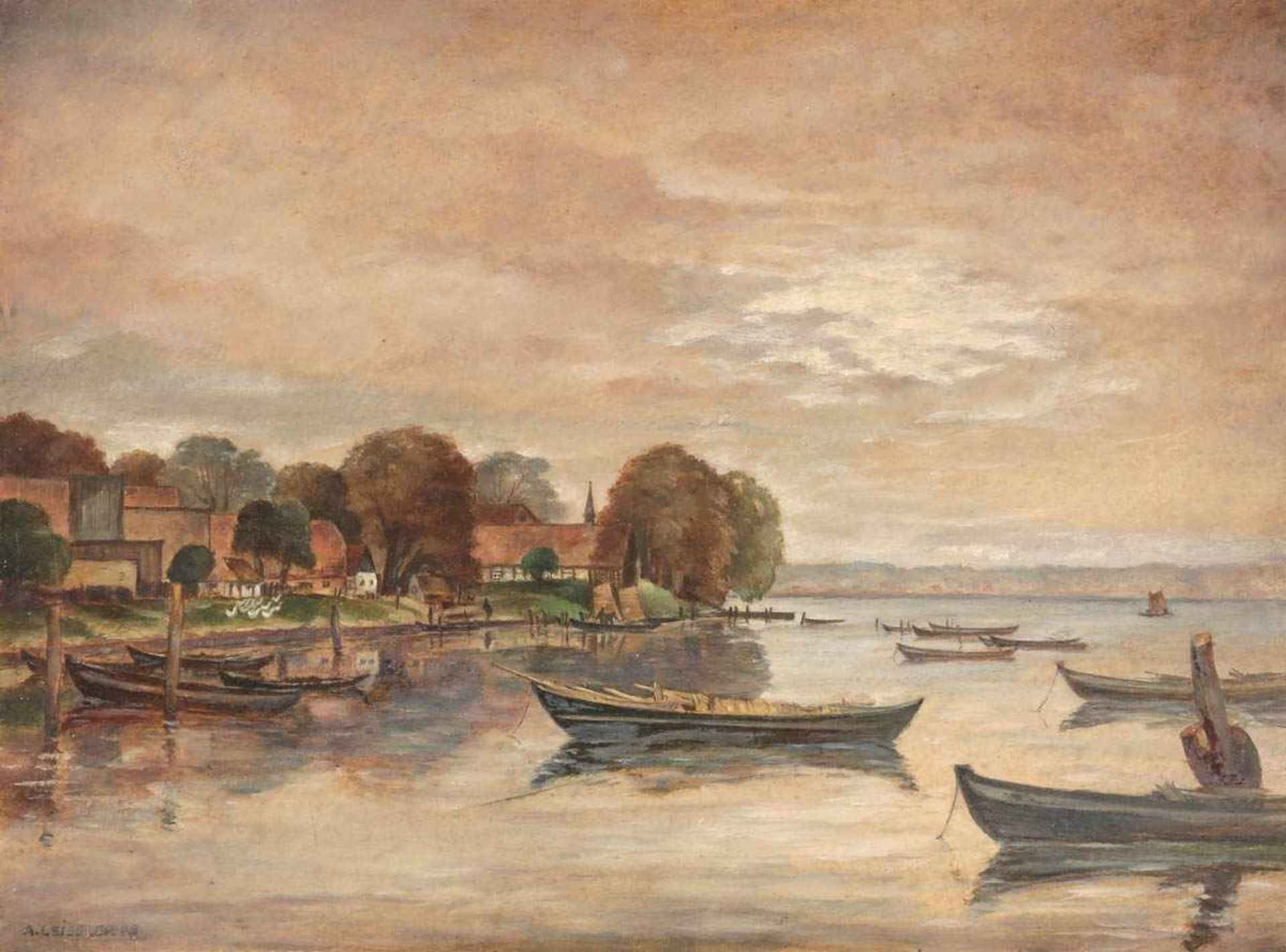 Arnold Leissler d. Ä.1911 Hannover - lebt in Polen - Seelandschaft - Öl/Karton. 32,5 x 43,7 cm.