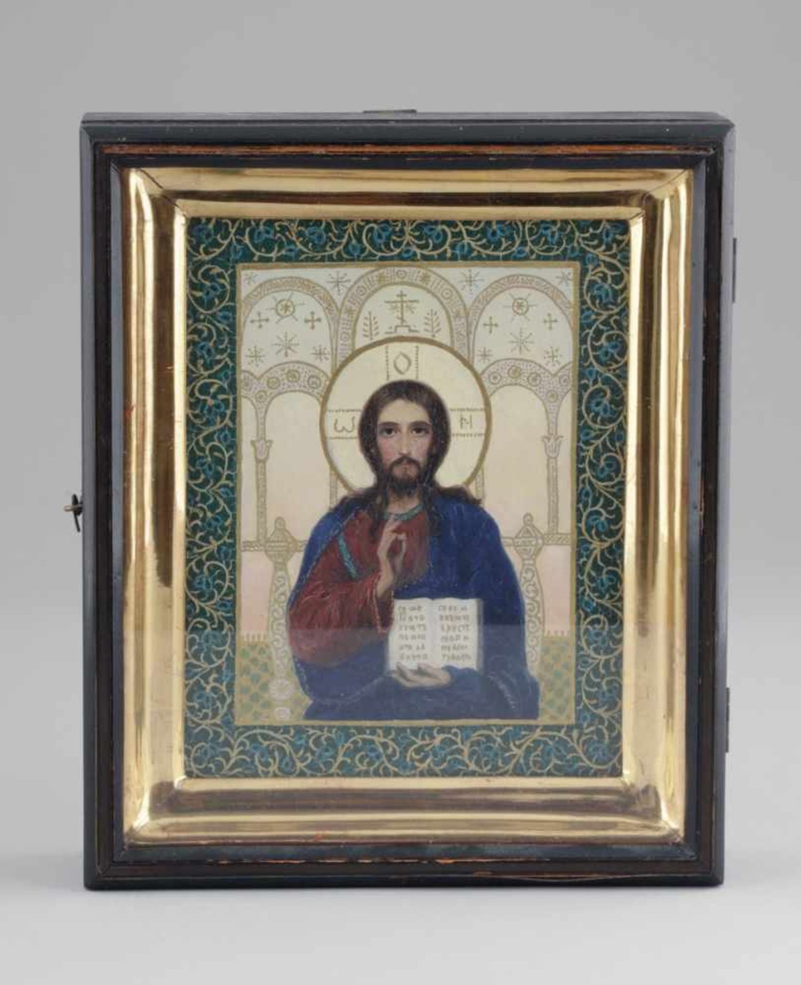 Ikone im KiotRussland, 20. Jahrhundert. - "Chistus Pantokrator" - Tempera/Holz. 22 x 18 cm. Kiot