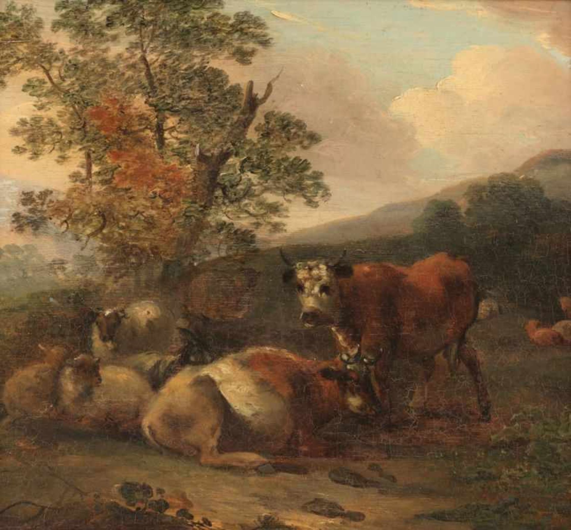 Künstler des 18. Jahrhunderts- Kühe auf dem Feld - Öl/Holz. 36 x 29 cm. Unsigniert. Rahmen. Rest.