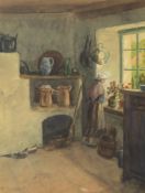H. GeisselKünstler des 20. Jahrhunderts - Frau am Küchenfenster - Aquarell/Papier. 36 x 27 cm. Mit