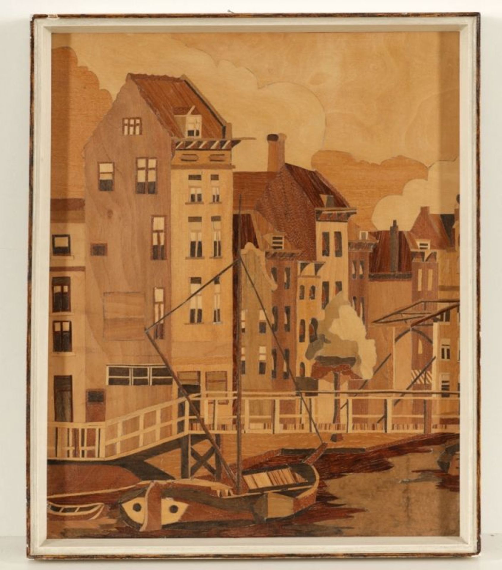 Günter KnauerKünstler des 20. Jahrhunderts - Hafengegend - Intarsienarbeit. 39 x 31,7 cm. Rückseitig - Image 2 of 2