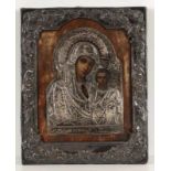 IkoneRussland, 19. Jahrhundert - "Gottesmutter von Kasan" - Holz. Silberoklad. Druck. 23,5 cm x 29