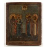 IkoneRussland, 19. Jahrhundert. - Vier Heilige - Tempera/Holz. 32 x 26 cm. Zwei innenliegende