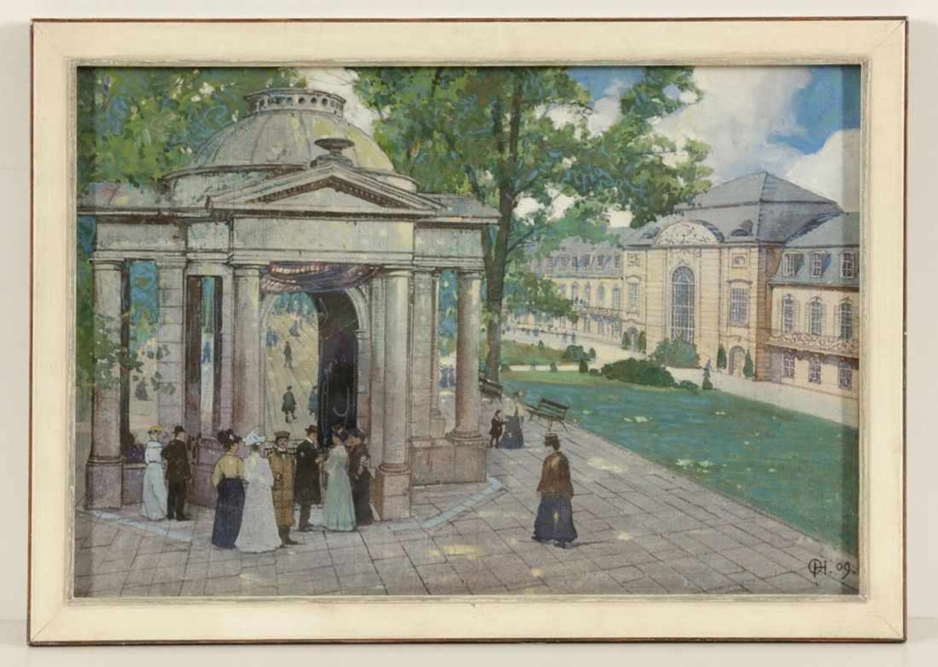 Otto Hamel1866 Erfurt - 1950 Lohr - "Kurpromenade in Bad Nenndorf" - Öl/Lwd. auf Karton. 27 x 39 cm. - Image 2 of 2