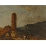 Künstler des 18. Jahrhunderts- Landschaft mit Reitern - Öl/Holz. 31 x 40,5 cm. Rahmen. - Rest.