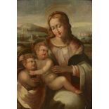 Künstler der Bologneser Schule17. Jahrhundert - Madonna mit Christus und Johannes - Öl/Holz. 61,5