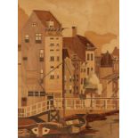 Günter KnauerKünstler des 20. Jahrhunderts - Hafengegend - Intarsienarbeit. 39 x 31,7 cm. Rückseitig