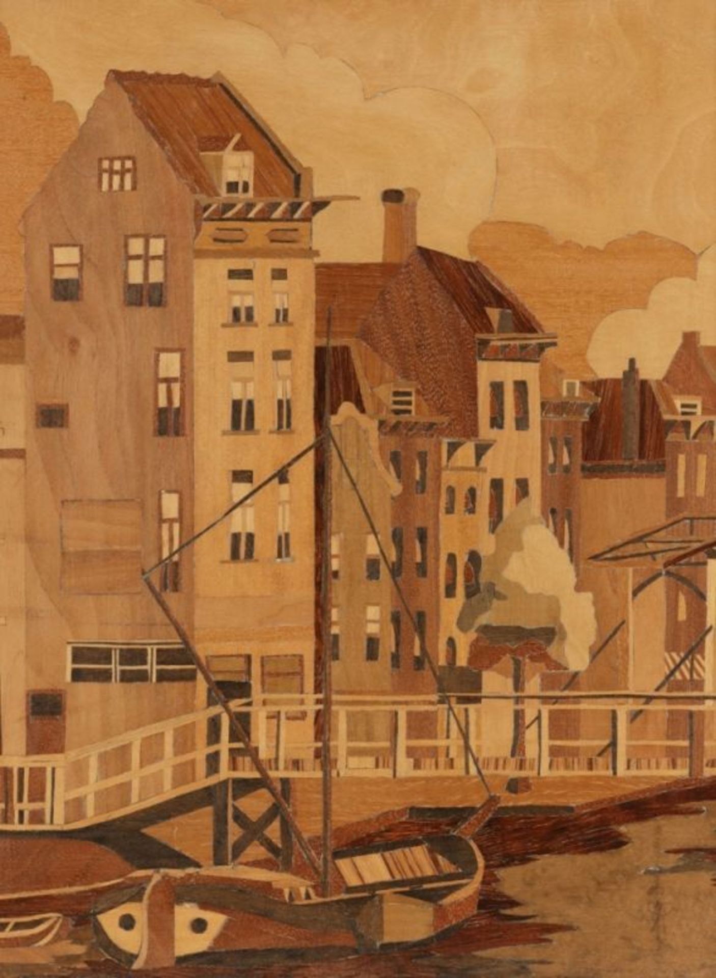 Günter KnauerKünstler des 20. Jahrhunderts - Hafengegend - Intarsienarbeit. 39 x 31,7 cm. Rückseitig