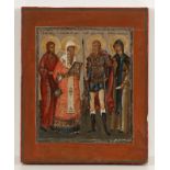 IkoneRussland, 19. Jahrhundert. - Vier Heilige - Tempera/Holz. 31 x 35,5 cm. Eine (fehlende)