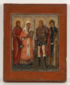 IkoneRussland, 19. Jahrhundert. - Vier Heilige - Tempera/Holz. 31 x 35,5 cm. Eine (fehlende)