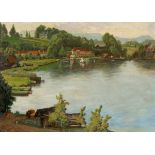 Karl Hayd1882 Hainburg an der Donau - 1945 Linz - "Traunkirchen" - Öl/Hartfaser. 49 x 69,5 cm. Sign.