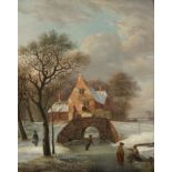 Andreas Schelfhout1787 Den Haag - 1870 Den Haag - Verschneite Landschaft mit Brücke - Öl/Lwd. 42 x
