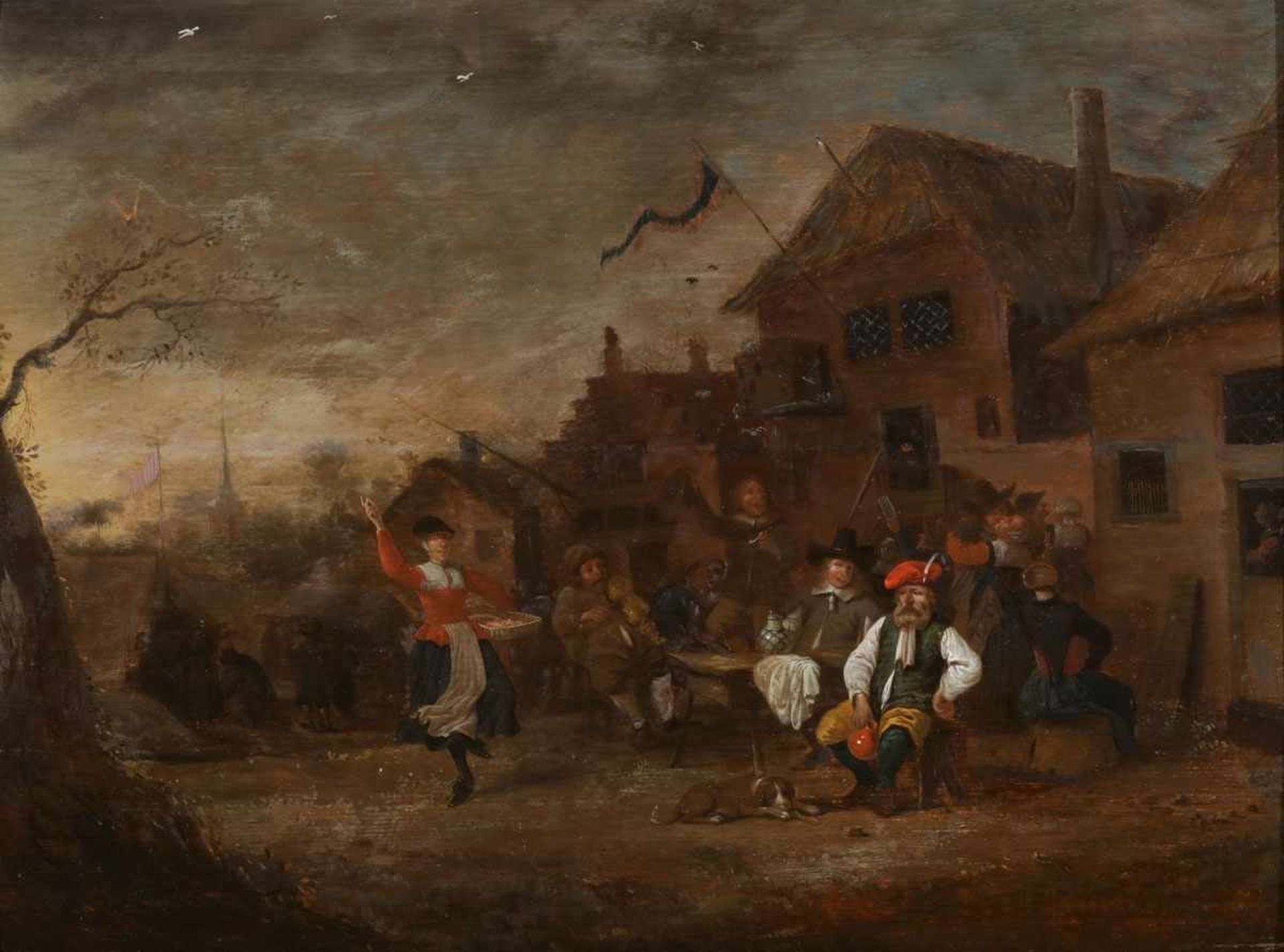 Niederländischer Künstler des 17./18. Jahrhundert- Vor dem Wirtshaus - Öl/Holz. 48 x 64 cm. Rahmen.