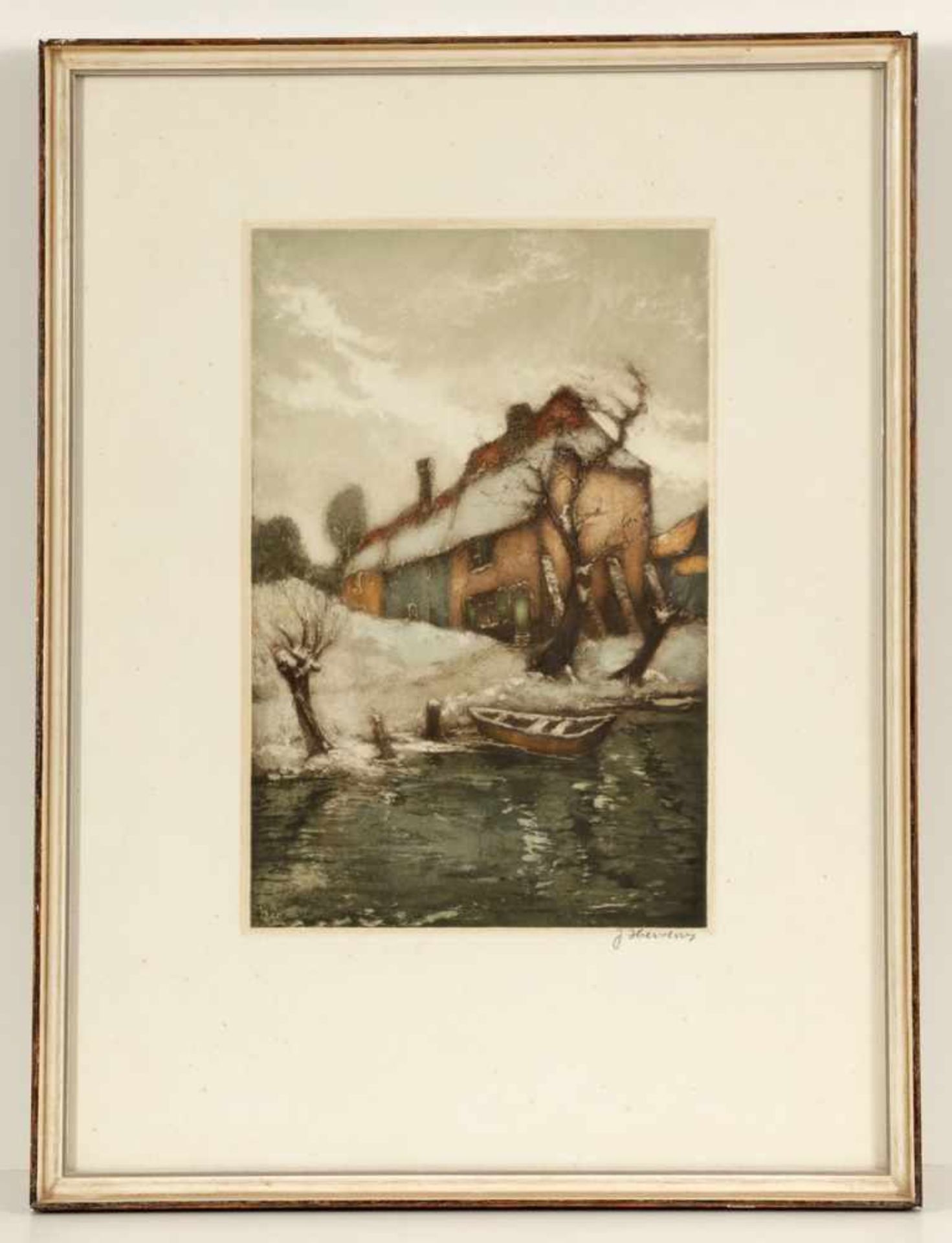 Jacques Hervens1890 - 1928 - Haus am Weiher - Farbradierung/Papier. 32 x 21,1 cm, 49 x 36,3 cm. - Bild 2 aus 2