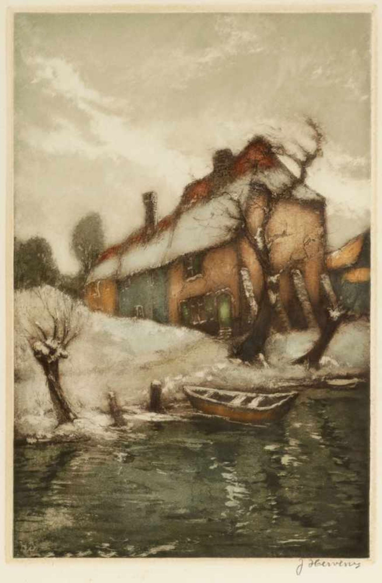 Jacques Hervens1890 - 1928 - Haus am Weiher - Farbradierung/Papier. 32 x 21,1 cm, 49 x 36,3 cm.