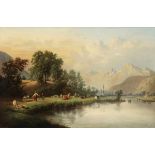 Künstler des 19. Jahrhunderts- Alpine Landschaft mit Bauern und Rindern - Öl/Lwd. 65 x 100 cm. R. u.