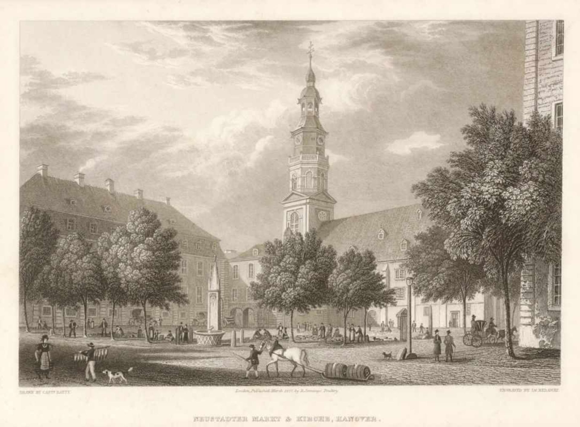 James RedawayGrafiker des 19. Jahrhunderts. - "Neustädter Markt & Kirche, Hanover" - Kupferstich. 14