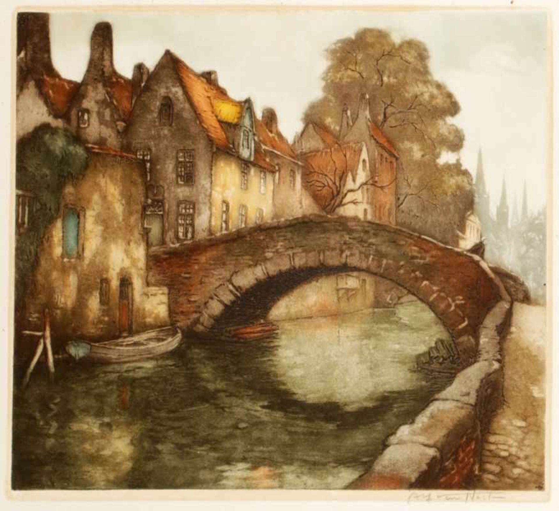 Alfred van Neste1874 Brügge - 1969 Ukkel - Brücke von Cherrie - Farbradierung/Papier. 33 x 36 cm, 49