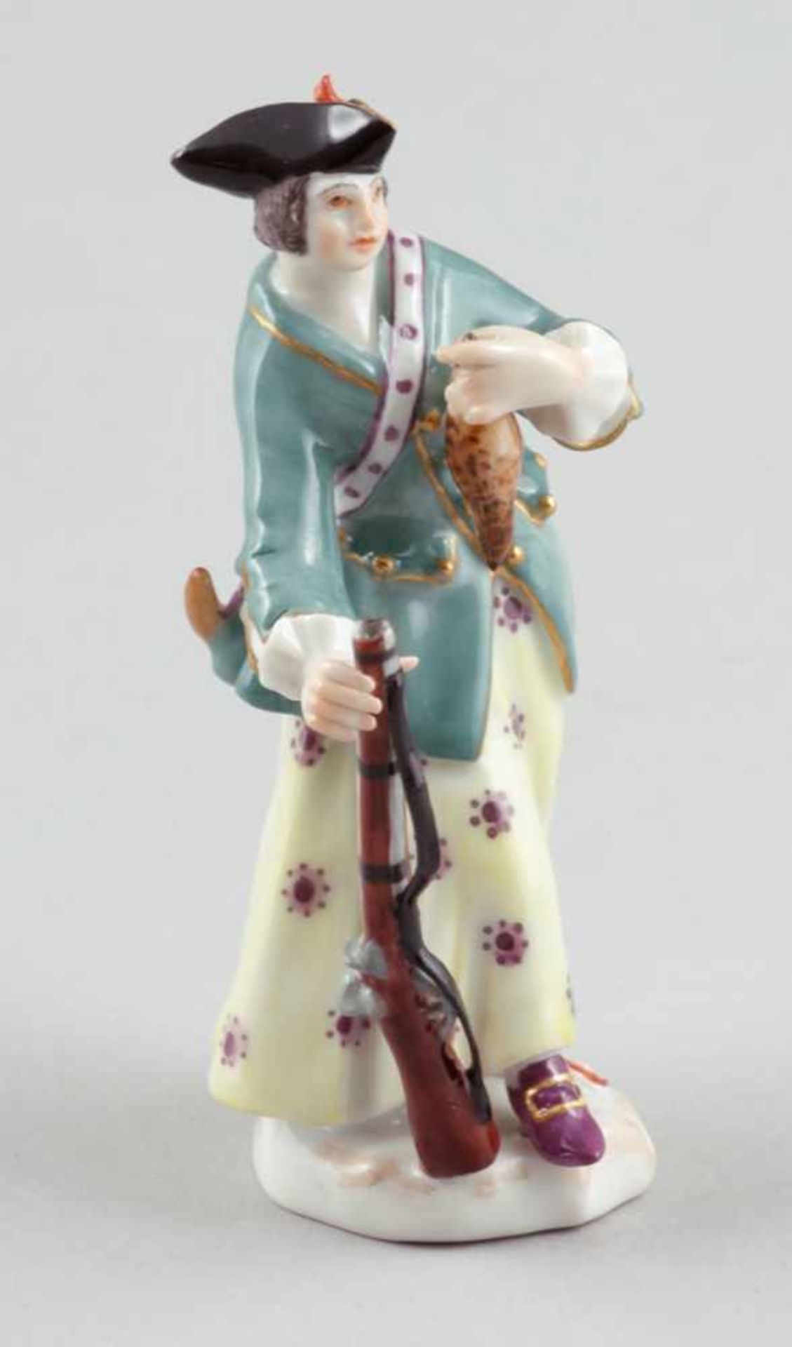 Miniaturfigur Jägerin mit WachtelStaatliche Porzellan Manufaktur, Meissen 1988. Porzellan, weiß,