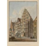 Kupferstecher des 19. Jahrhunderts- "Leibnitzhaus in Hannover" - Kolor. Kupferstich. 16,5 x 11,5 cm.