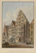 Kupferstecher des 19. Jahrhunderts- "Leibnitzhaus in Hannover" - Kolor. Kupferstich. 16,5 x 11,5 cm.