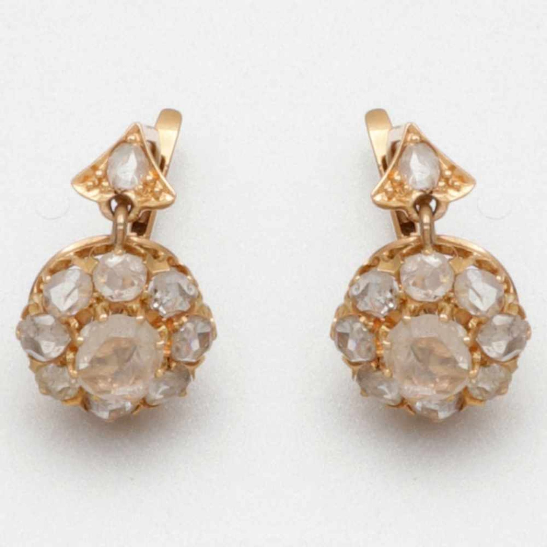 Paar alte Diamant-Ohrringe19. Jahrhundert. 585/- Roségold, ungestempelt, getestet. Gewicht: 3,6g. 20