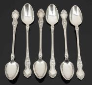 6 Longdrinklöffel im Jugendstil925er Silber. Punzen: Herst.-Mark, 925. H. 18 cm. Gew.: 172 g.