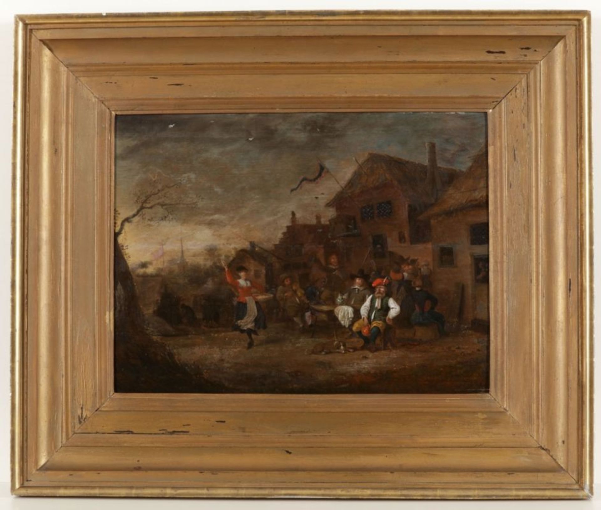 Niederländischer Künstler des 17./18. Jahrhundert- Vor dem Wirtshaus - Öl/Holz. 48 x 64 cm. Rahmen. - Image 2 of 2