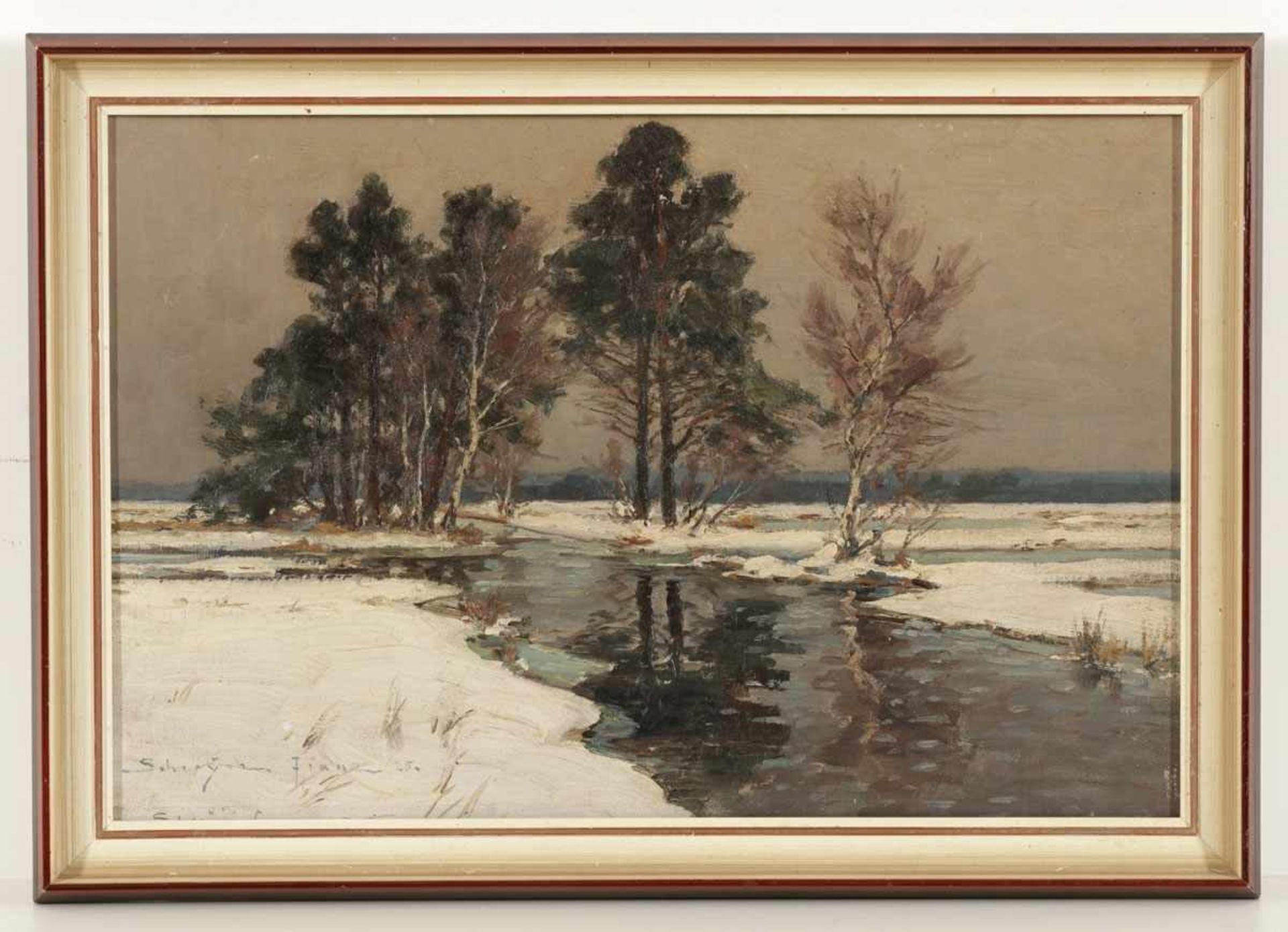 Franz Schreyer1858 Leipzig - 1936 Dresden - "Wintertag am Moorbach" - Öl/Lwd. 36 x 54 cm. Sign. - Bild 2 aus 2