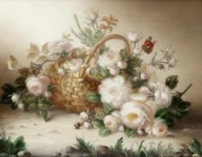 Hildegard Schwammberger1950 Essen - Weiße Rosen mit Insekten - Öl/Holz. 30 x 40 cm. Sign. r. u.: