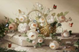 Hildegard Schwammberger1950 Essen - Weiße Rosen in einem Korb mit Insekten - Öl/Holz. 40 x 60 cm.