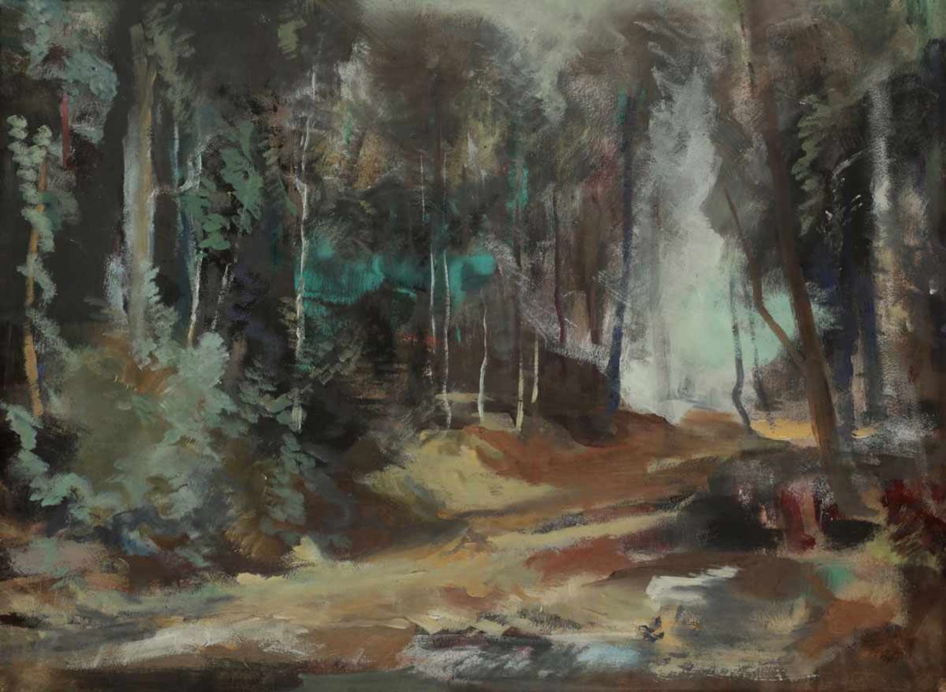 Ernst Thoms1896 Nienburg - 1983 Langeln-Wietzen - "Bäume am Hügel" - Öl/Papier. 50 x 67,5 cm.
