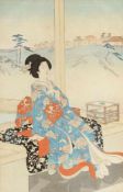 Yoshu Chikanobu1838 Takada - 1912 wohl - "Geisha im Teehaus" - Farbholzschnitt. 35 x 23 cm (