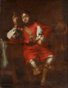 Künstler des 18. Jahrhunderts- Musketier in einer Kneipe - Öl/Lwd. 45 x 34 cm. Rahmen. Rest.