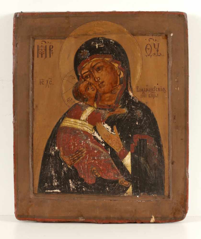 IkoneRussland, 19. Jahrhundert. - "Gottesmutter von Wladimir" - Tempera/Holz. 30,5 x 25 cm. Zwei (