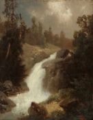 Hans Thoma1839 Bernau - 1924 Karlsruhe attr. - Landschaft mit Wasserfall - Öl/Holz. 18 x 15 cm.