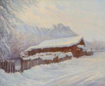 Künstler des 20. Jahrhunderts- Winterlandschaft in Garmisch - Öl/Holz. 42 x 52 cm. Undeutl. sign. r.