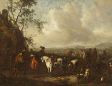 Künstler des 18. Jahrhunderts- Reiter bei der Rast - Öl/Kupfer. 40 x 52 cm. Verso Kupferplatte mit