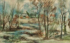 Ernst Thoms1896 Nienburg - 1983 Langeln-Wietzen - Landschaft mit Gehöft - Aquarell/Papier. 31 x 50