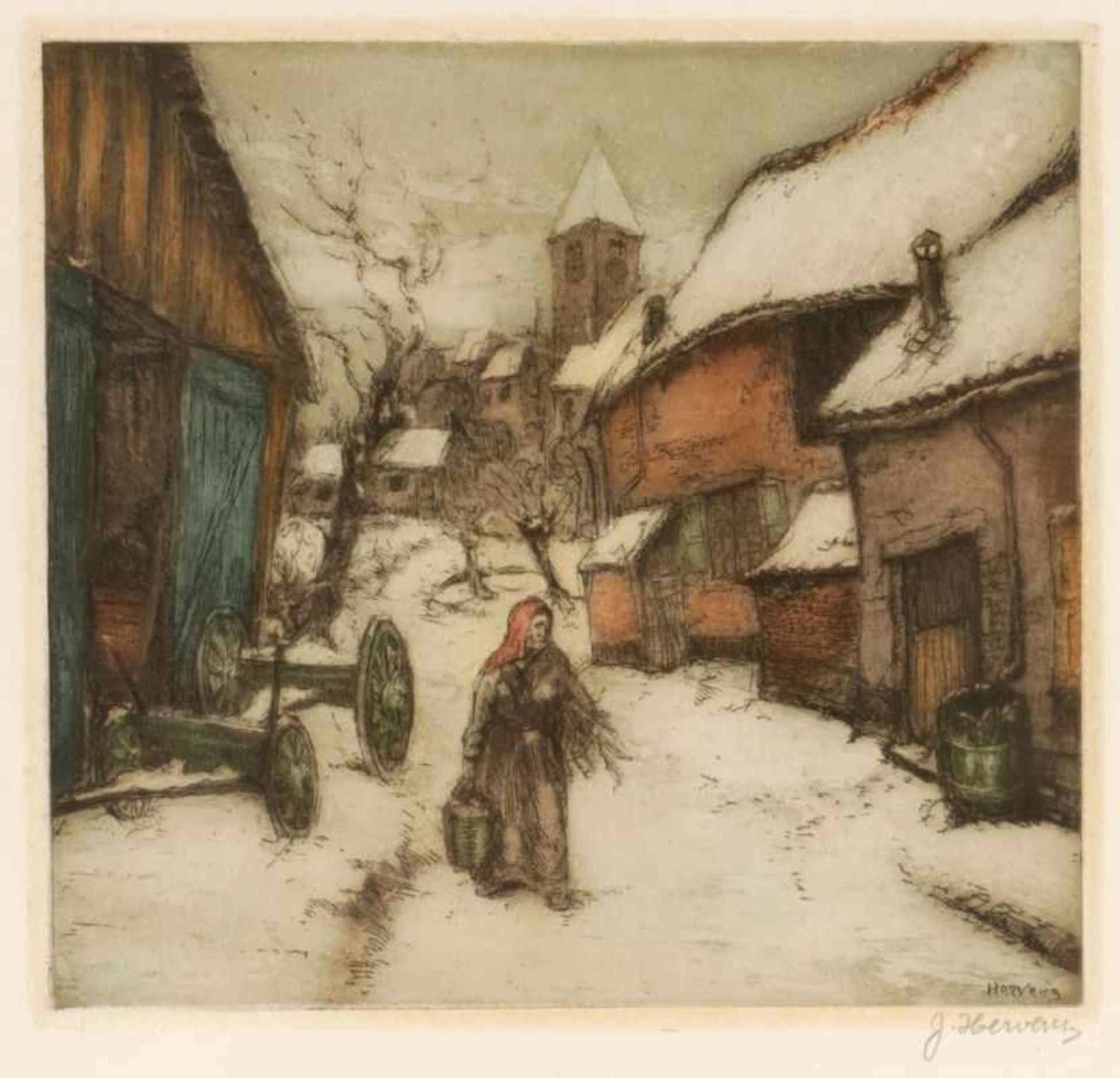 Jacques Hervens1890 - 1928 - Dorfstraße - Farbradierung/Papier. 18 x 19 cm, 39,8 x 30,8 cm. Sign. r.