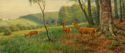 Carl Zimmermann1863 Halberstadt - 1930 Goslar - Rehe am Waldrand - Öl/Lwd. 60 x 136 cm. Sign. l. u.: