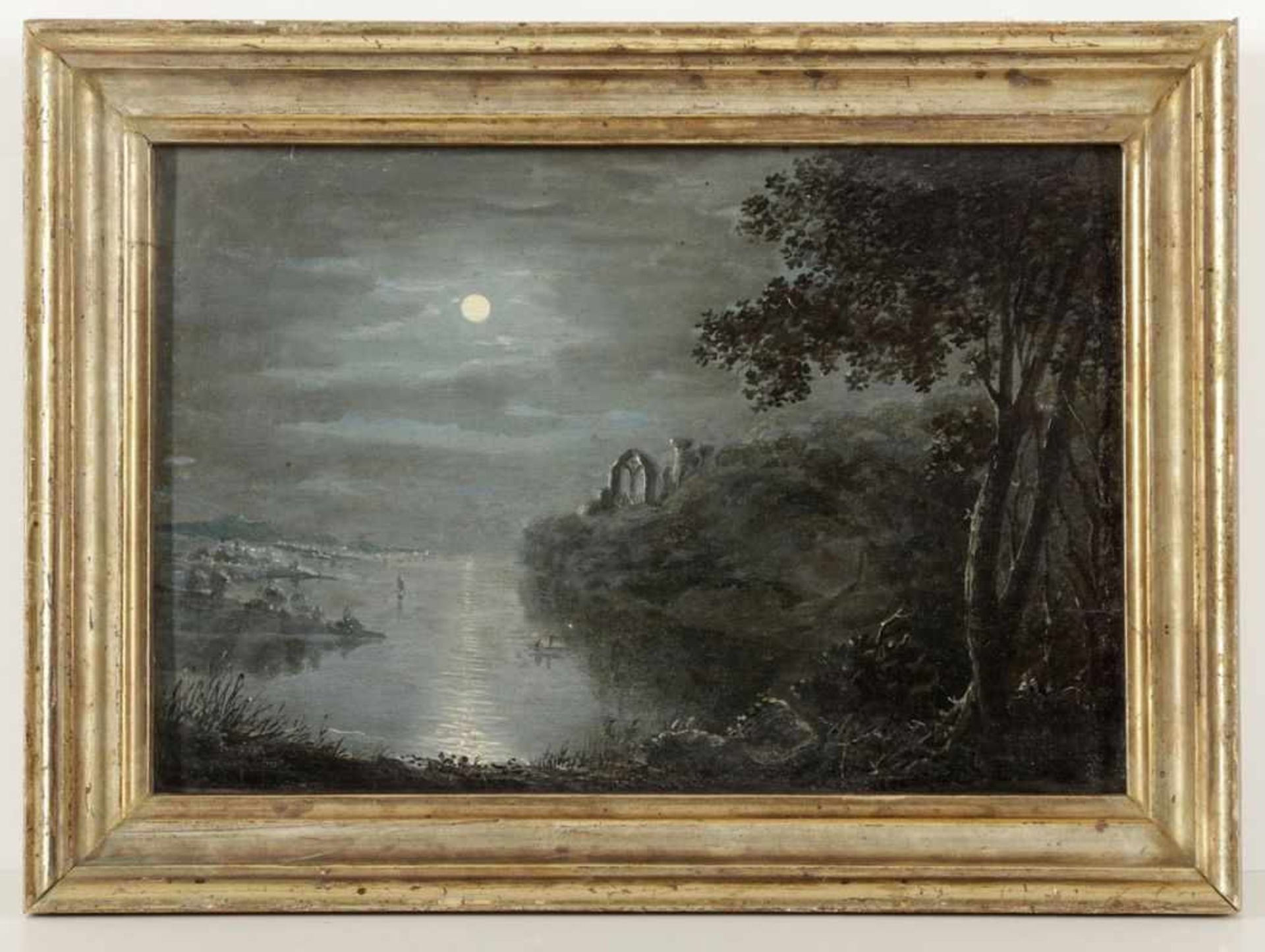Künstler des 18. Jahrhunderts- Am Fluss bei Vollmond - Öl/Holz. 21 x 31 cm. Rahmen. - Bild 2 aus 2