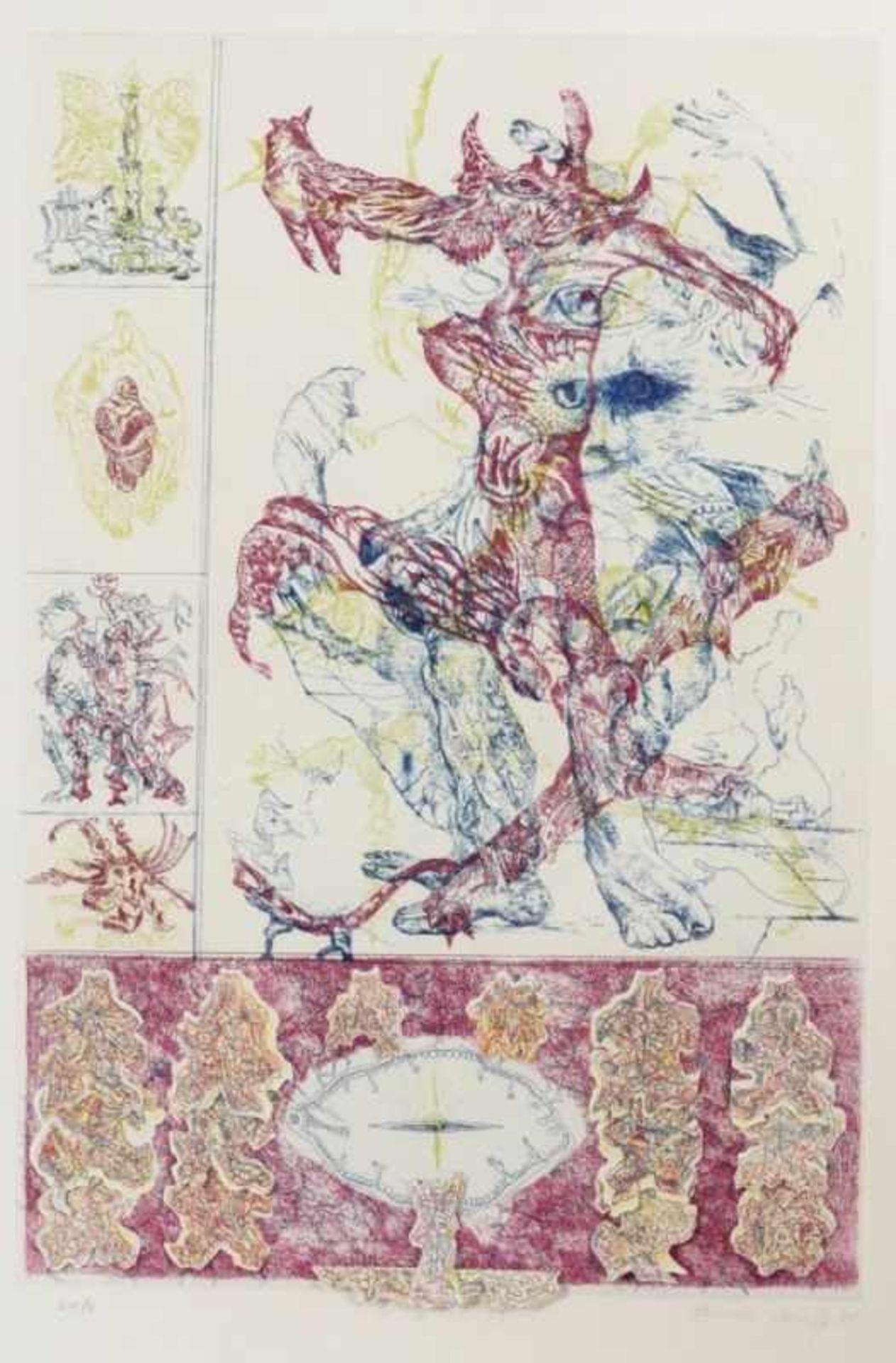 Bernard Schultze1919 Schneidemühl - 2005 Köln - "Zungen-Migof" - Farbradierung und Collage/Papier.