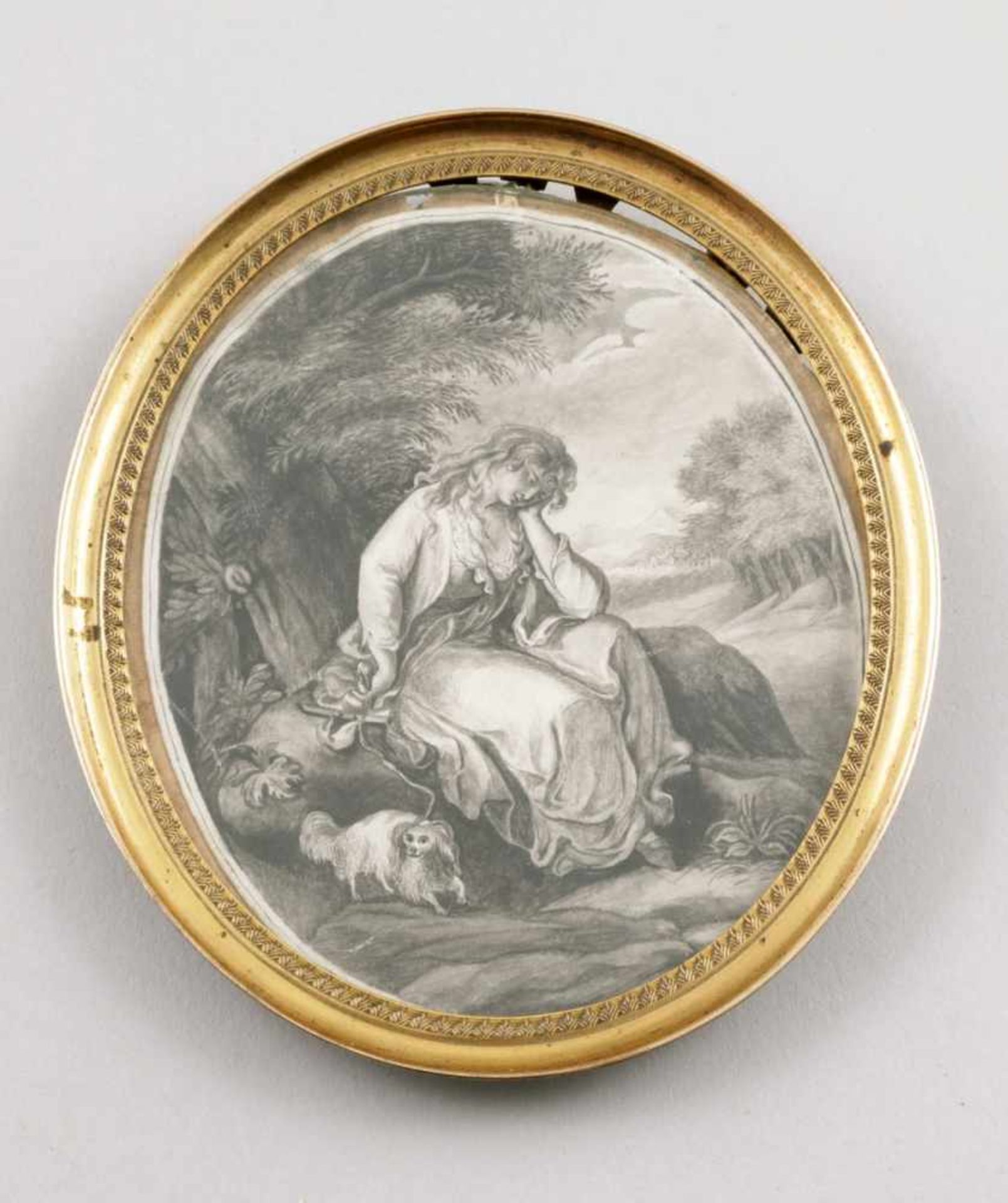 Künstler des 18. Jahrhunderts- Dame ruht in Landschaft - Tusche/Papier. 10 x 8,5 cm. Bez. und