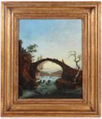Künstler des 19. Jahrhunderts- Romantische Flusslandschaft mit Brücke - Öl/Holz. 40 x 32 cm.