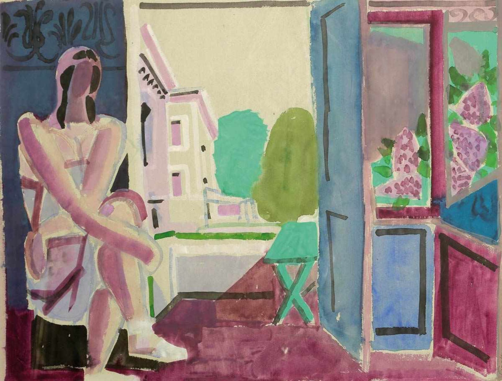 Edvard Frank1909 Korschenbroich/Rheinland - 1972 Saarlouis - "Mädchen am Fenster" - Aquarell/Papier. - Bild 3 aus 3