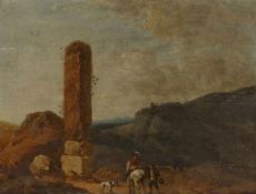 Künstler des 18. Jahrhunderts- Landschaft mit Reitern - Öl/Holz. 31 x 40,5 cm. Rahmen. - Rest.