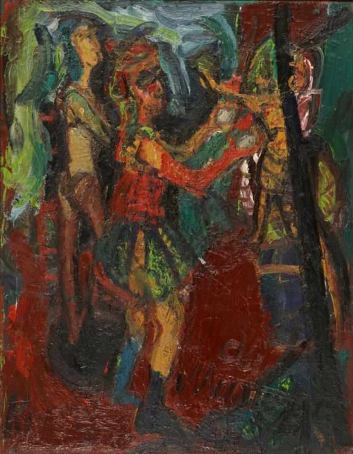 Jörg Kuß1961 Kemberg - lebt und arbeitet in Berlin - "Die Manege" - Öl/Hartfaser. 129 x 101 cm.