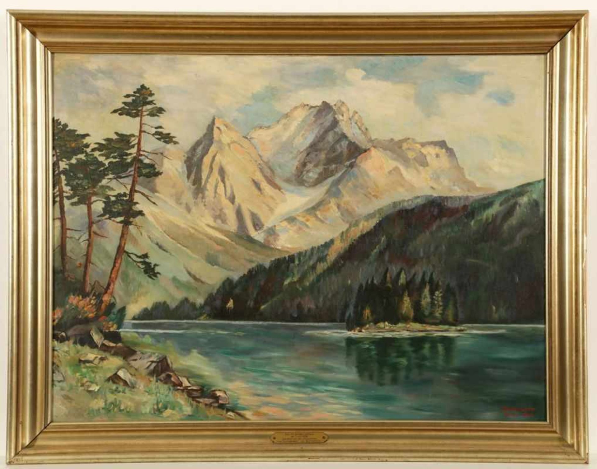 J. BaumgartnerMaler des 20. Jahrhunderts - "Eibsee" - Öl/Lwd. 85,4 x 115,5 cm. Sign. r. u.: J. - Bild 2 aus 2