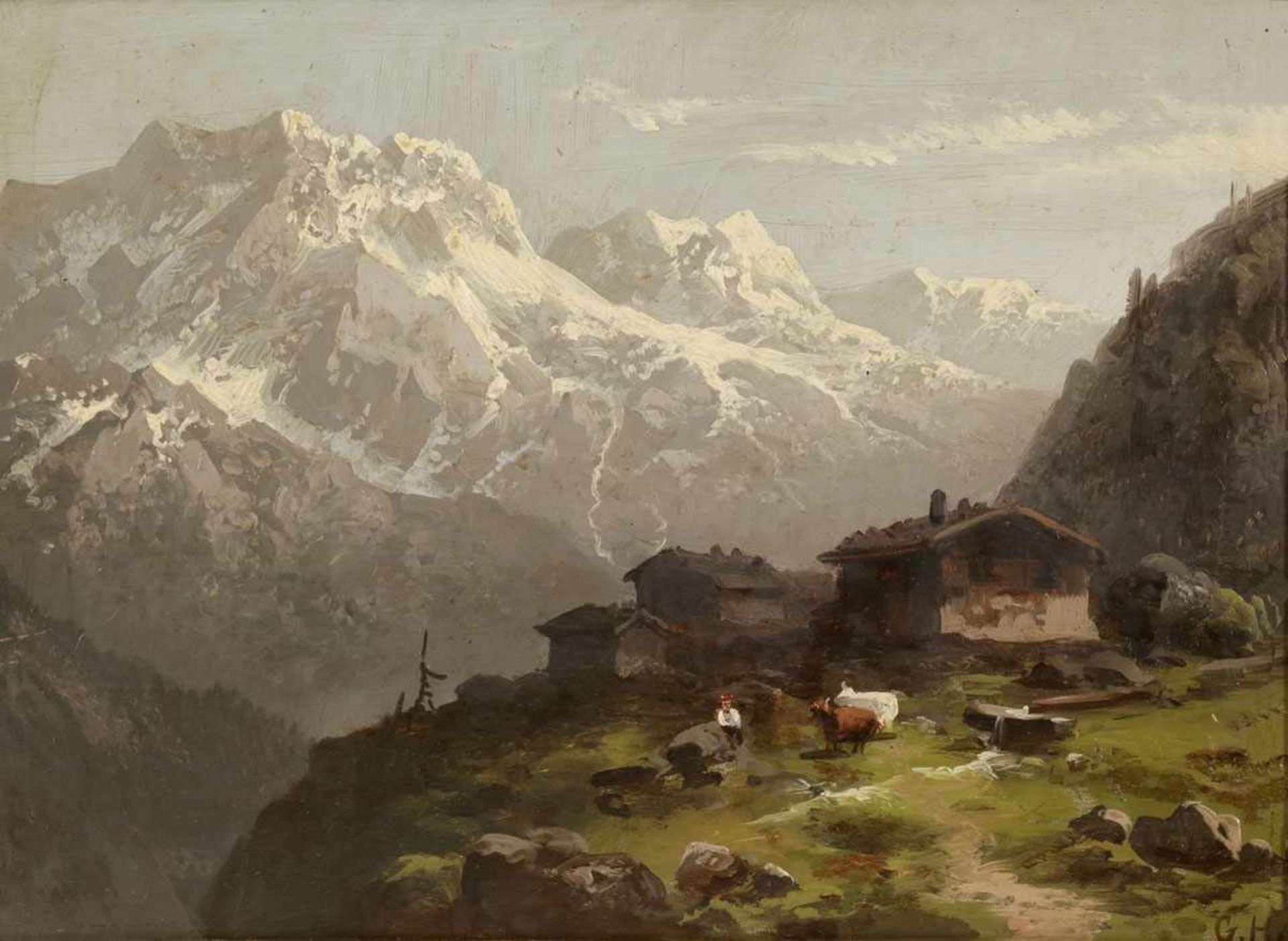 Monogrammist des 20. Jahrhunderts- Alm - Öl/Hartfaser. 21 x 28,5 cm. Monogr. r. u.: G. H. Rückseitig